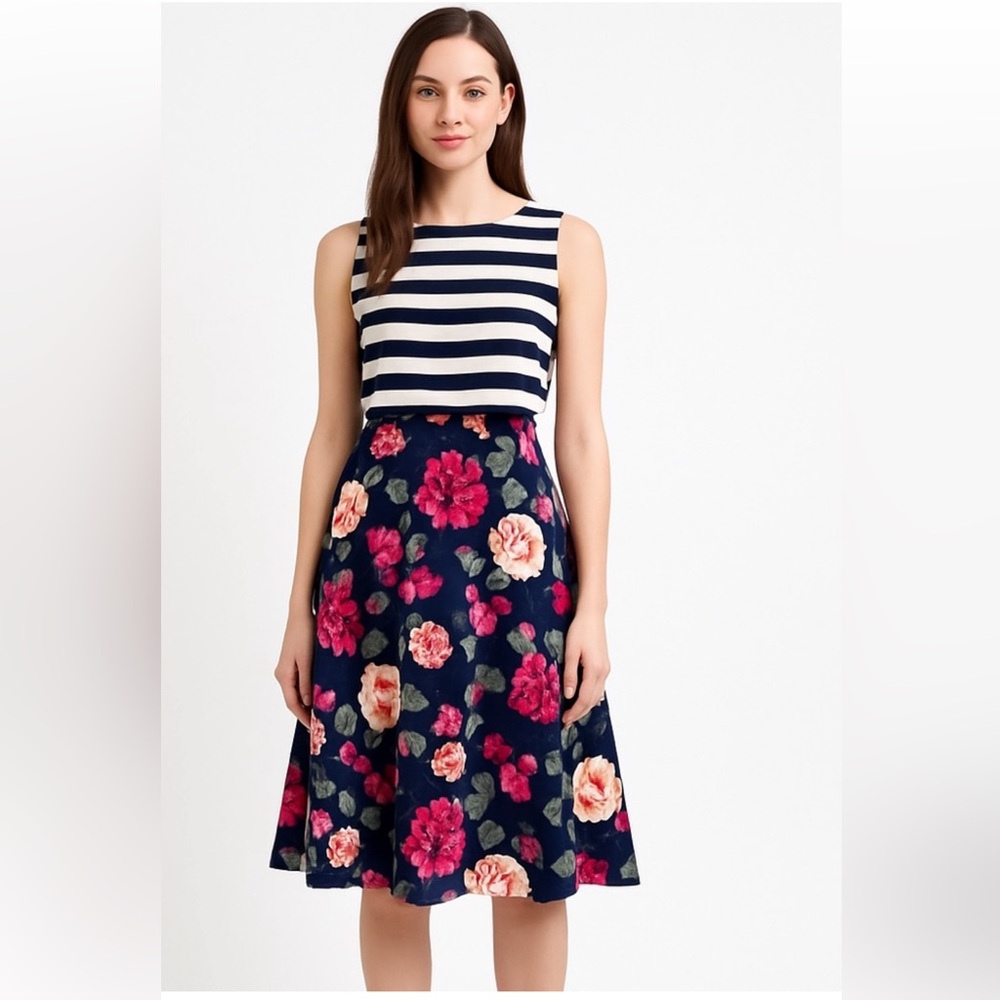 Moulinette Soeurs Size 2 Floral Pleated Striped‎ A-Line Midi Dress Feminine